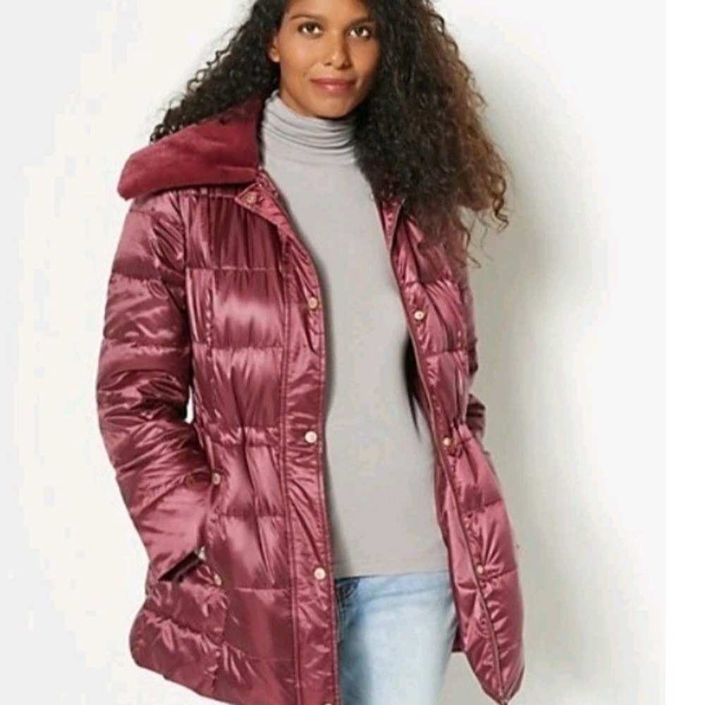 Dennis Basso Down Filled Anorak Puffer w/ Faux Mink Collar Wine Women's Size S